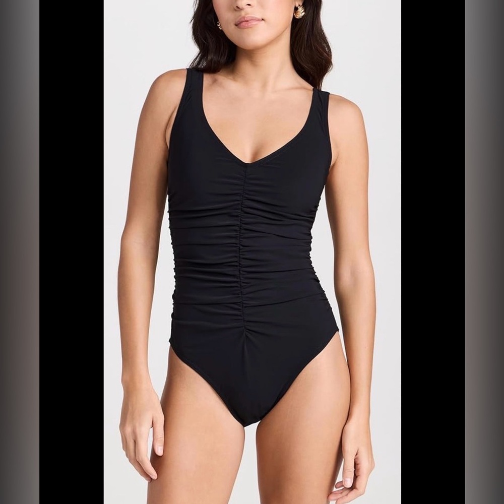 Black Ruched V-Neck One-Piece Swimsuit with Underwire
